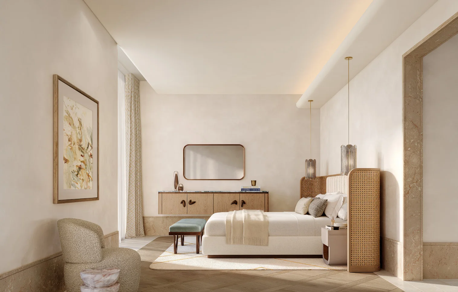 Master bedroom with warm finishes