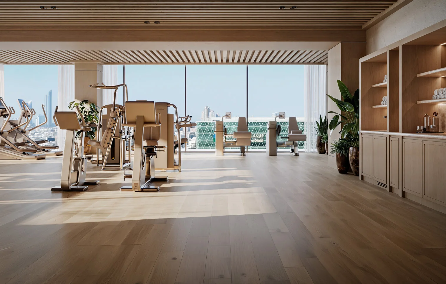 Fitness studio with floor-to-ceiling windows